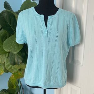 Rare Vintage Basic Editions Large Light Blue Knit Short Sleeve Top With Buttons